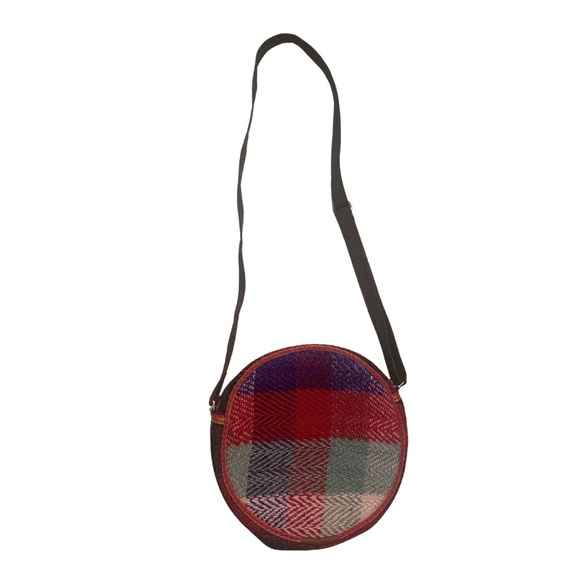 2/$30 Round Vintage Plaid Boho Crossbody Bag Purse Brown Red Purple Pink - Picture 7 of 8